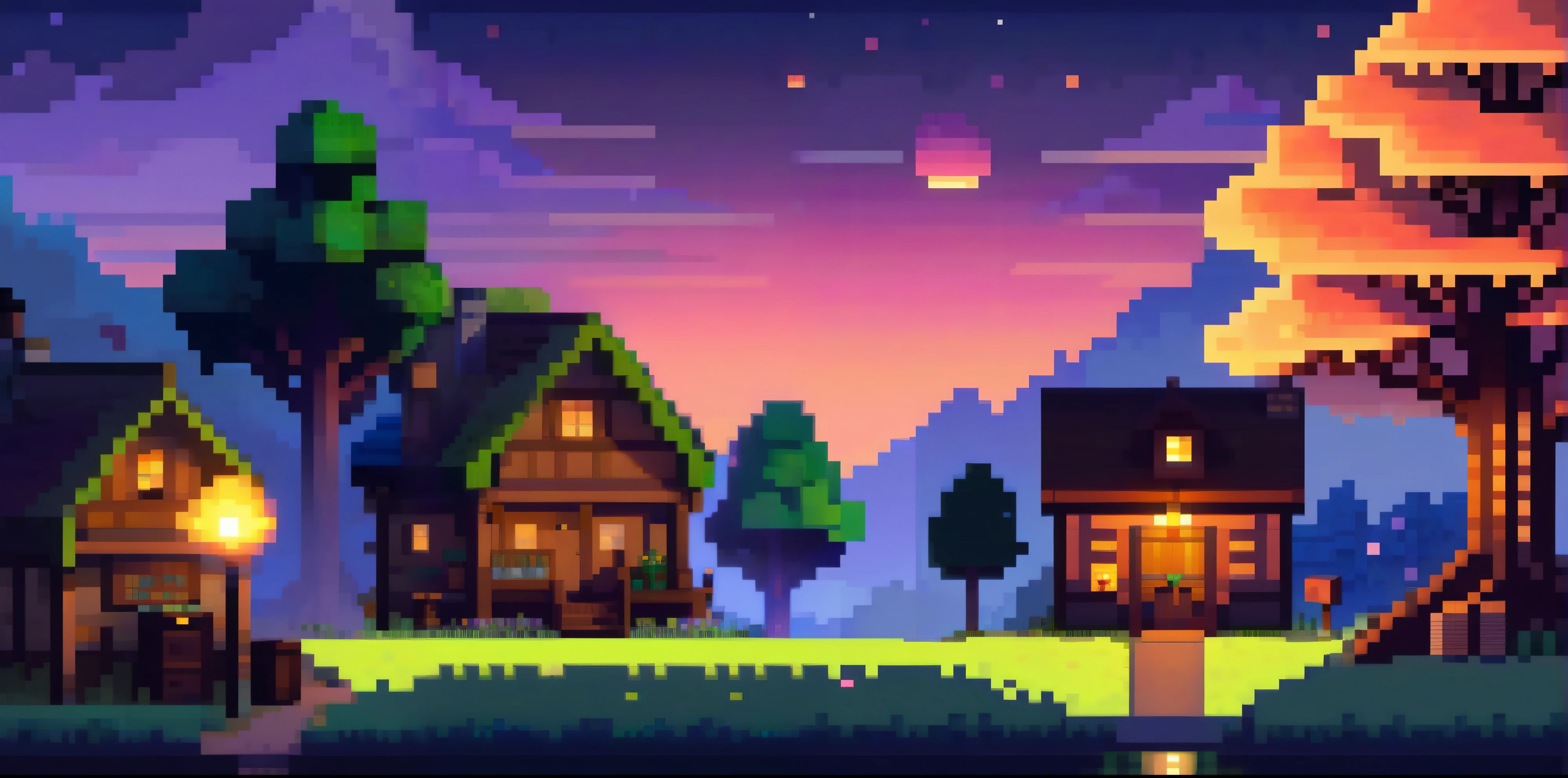 little town, big magical trees, evening, twilight, sunset, torches burning on the side of the houses, pixel style like minecraft and stardew valley