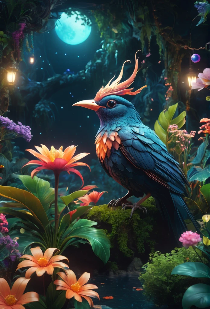 midnight whimsical landscape with magical paradise bird and flowers and plants, fantasy, cinematic lighting, trending on artstation, 4k, hyperrealistic