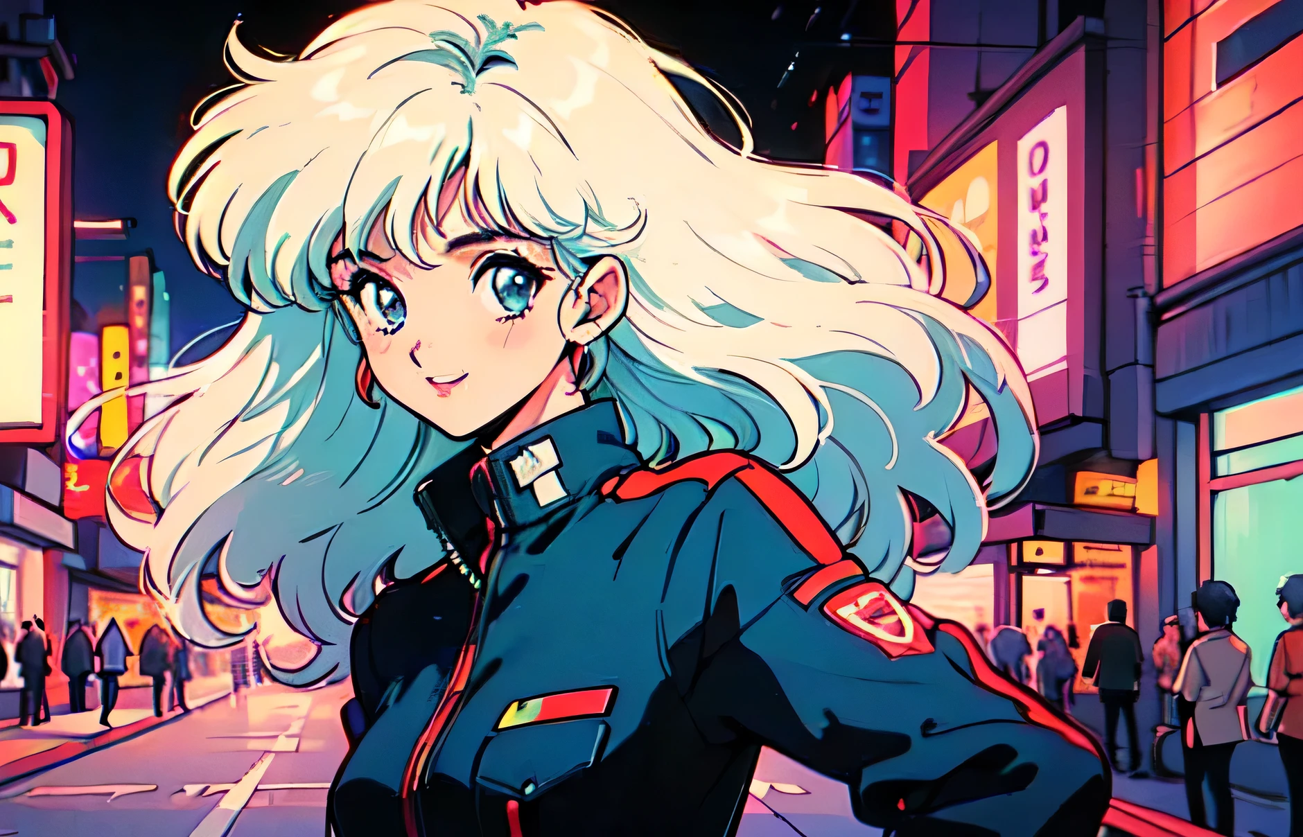 (80's, retro, city pop:1.5), (album cover), (masterpiece, best quality), (anime, illustration), (pastel colors:1.4), 
best photo pose, dynamic angle,
He has a cassette tape, is in a retro store, has bluish white hair, and has a cool impression,
girl, solo, smile, perfect detail eyes, delicate face,
City Scenes, night city, tokyo, high fashion, 