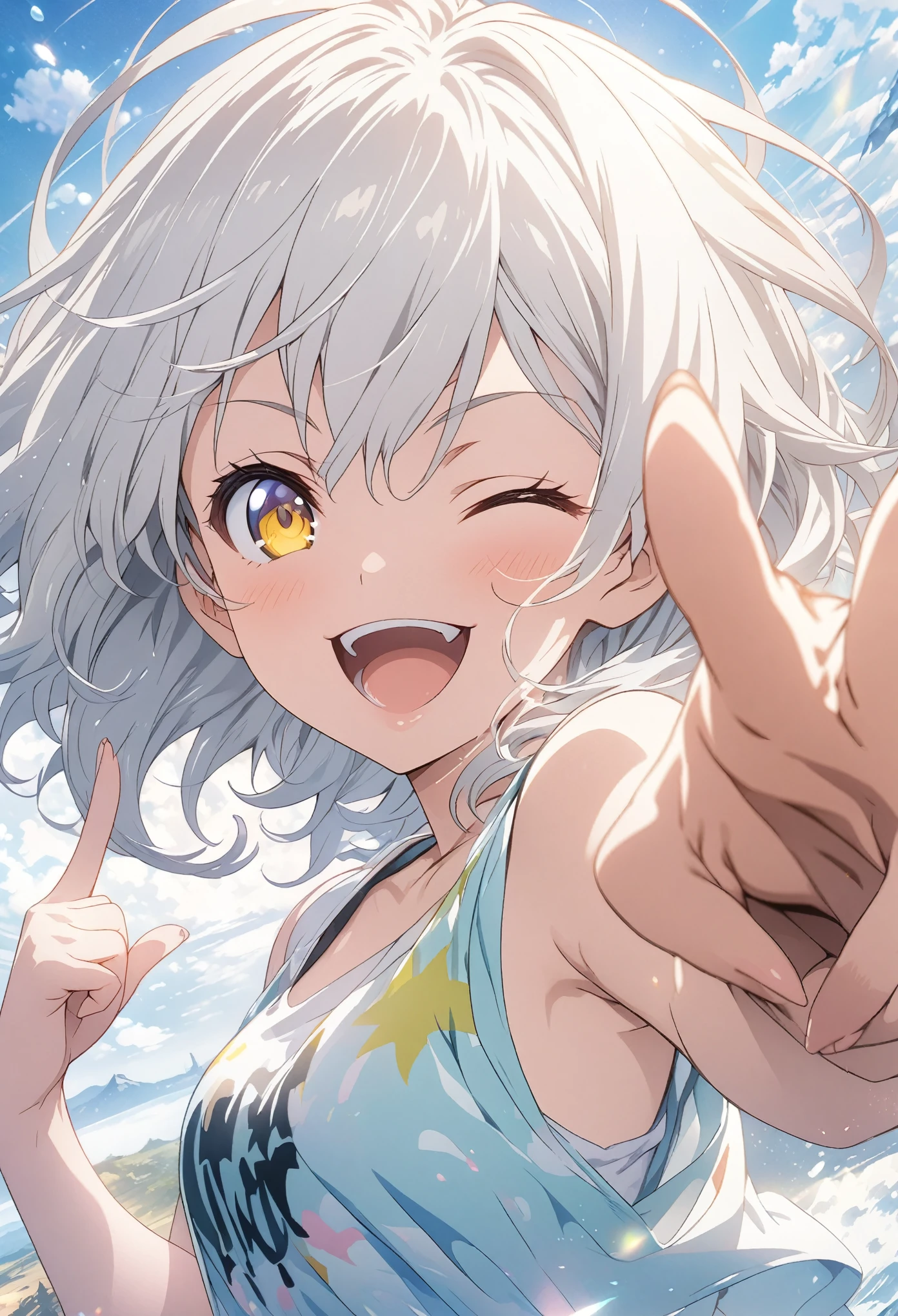 masterpiece, Highest quality, Highly detailed CG Unity 8K wallpapers, High School Girl Anime Illustration. Wear an oversized tank top、Love Dance Solo, Pointing index finger, she has her eyes closed and mouth open, smile. The background is a light pastel colored landscape.., white hair color, Yellow Eyes