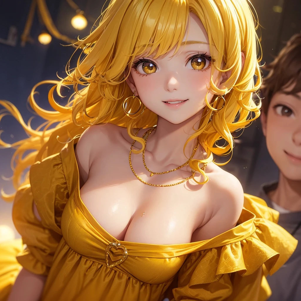 、beautiful girl、smile、Yellow Hair、Big eyeoonlit Night、Close-up of face、Beautiful collarbone、Yellow Dress、Close-up of face、Cleavage、Yellow Earrings、Curly Hair