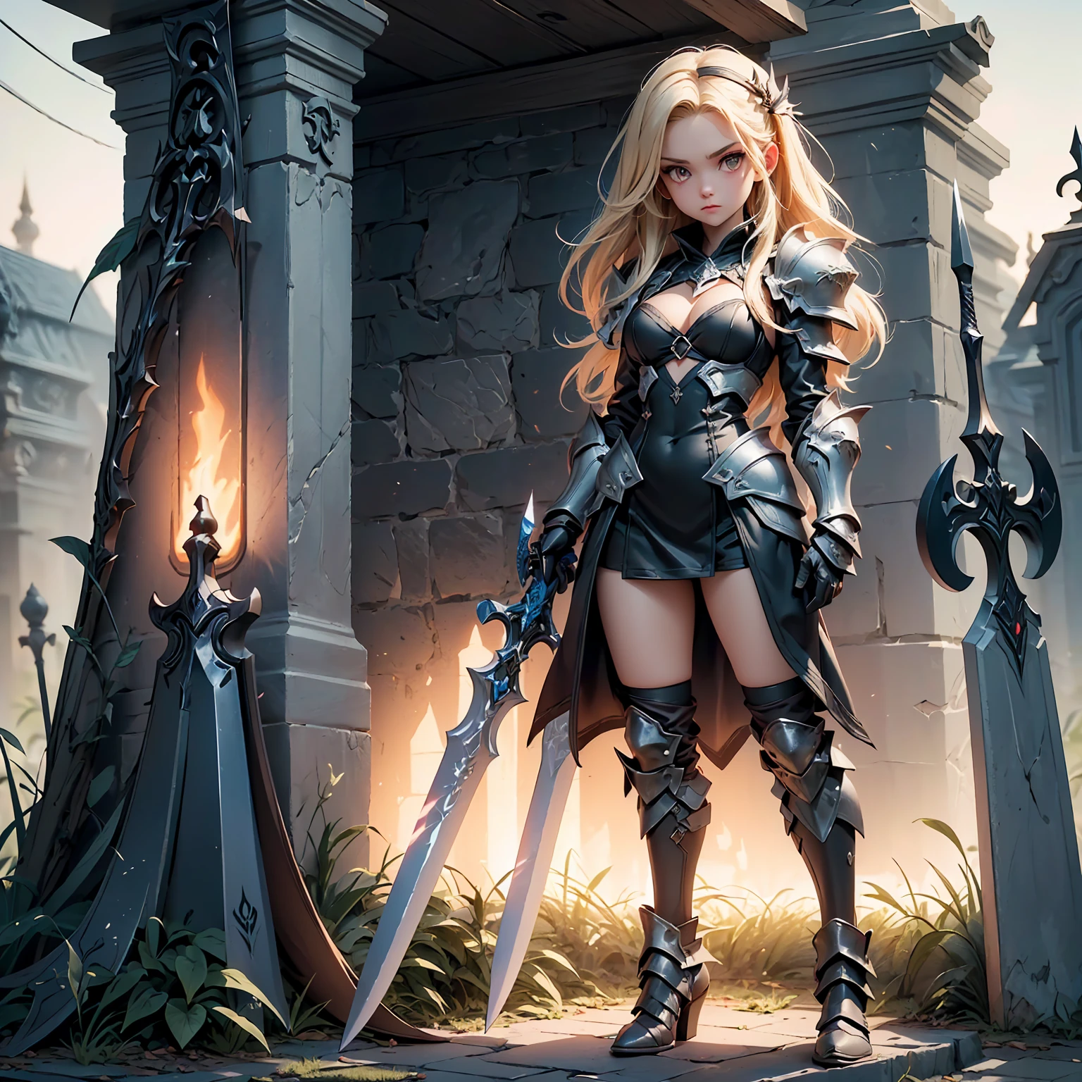 (((masterpiece, best quality, high detailed, 8k))) Design a layout showcase Gaming character, (1girl). Black|Gold clothes, stylish and unique. ((showcase weapon:1.4)), dark scythe. (masterpiece:1.2), (best quality), 4k, ultra-detailed. (Step by step design, layout art:1.5), (luminous lighting, atmospheric lighting). necromancer, ((glove full hands)), (((revealing clothes:1.3))), vambraces, armored legwear, (((full_body_shot:1.4))). {In a haunted graveyard}.