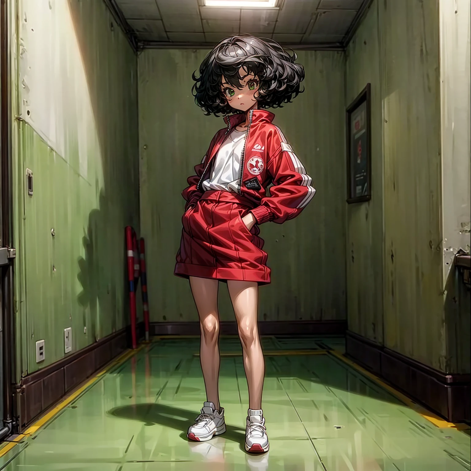 Solo, (baby kid girl), full body version, Grassroots, background in room town, tan skin, black hair, short Curly haircut, green eyes, red sports jacket, white shoes, standing gesture