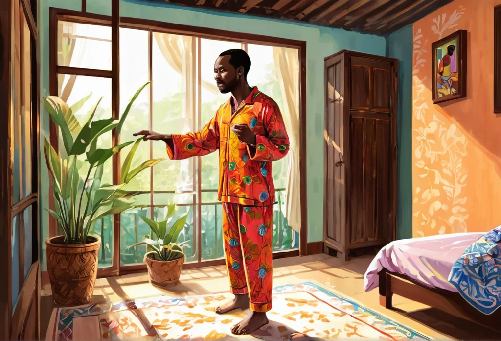 A 32 years old man, standing, wearing pajamas,  reaching out to collect something with his  hand Indoor. 
African (masterpiece best quality:1.2) delicate illustration ultra-detailed, illustrations, bright, colourful, 