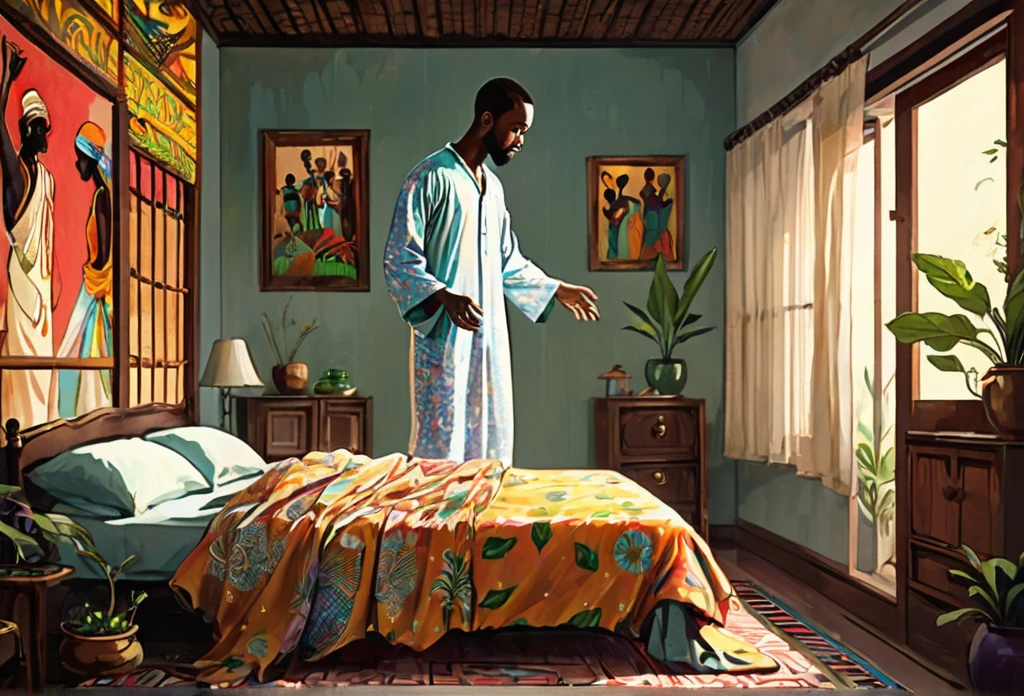 A 32 years old man, standing, wearing pajamas,  reaching out to collect something with his  hand Indoor. 
African (masterpiece best quality:1.2) delicate illustration ultra-detailed, illustrations, bright, colourful, 