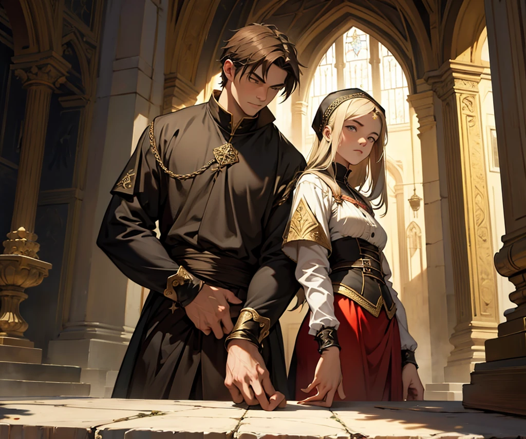 girl and guy, posing. miserable. religion. renaisance type art. classical painting look 
