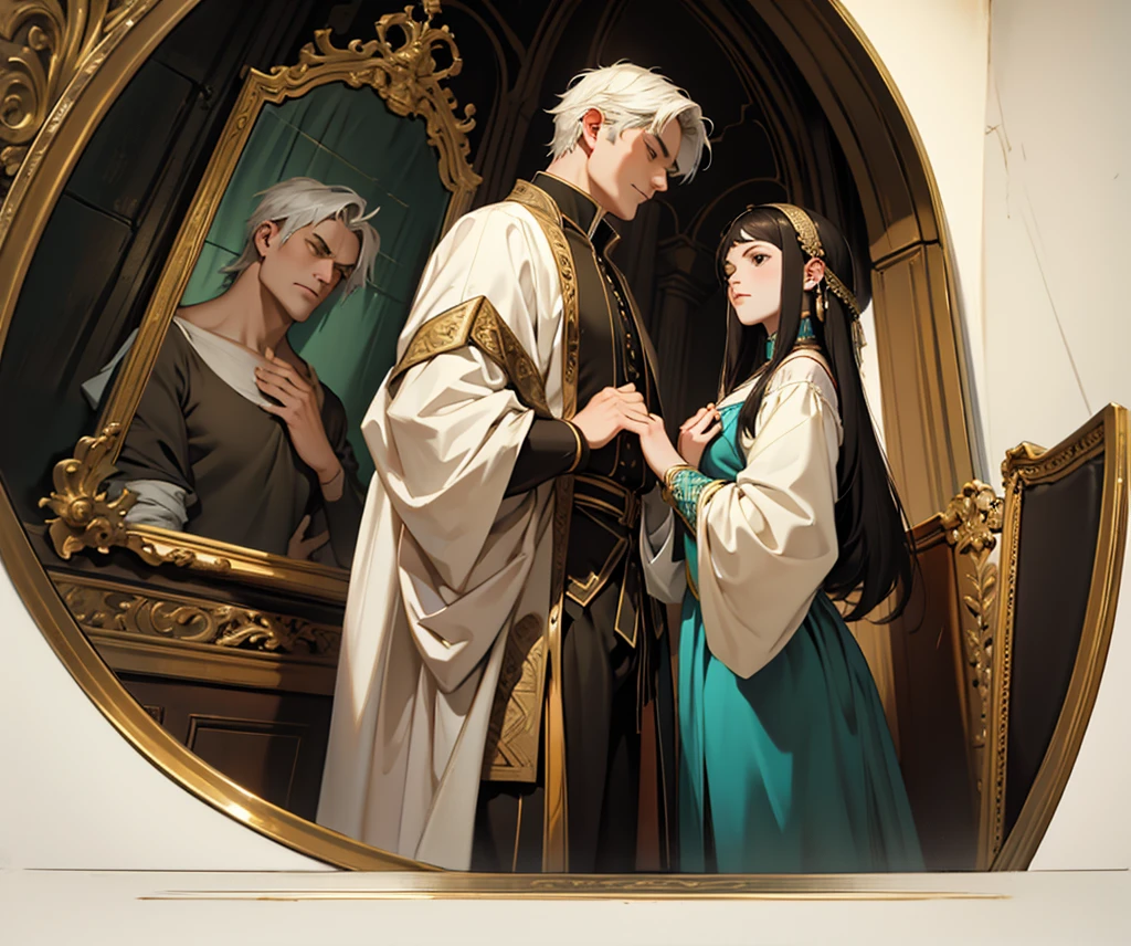 girl and guy, posing. miserable. religion. renaisance type art. classical painting look