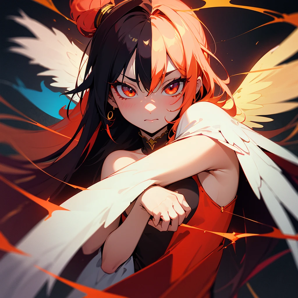 Create an image that combines elements of angel and devil in a girl stylized in kawaii style. Use cores fortes, like gold and red, to create a vibrant contrast. The character must have a look that mixes delicate and dark, reflecting a waifu aesthetic with touches of dark. The image should capture a sense of duality and intense energy, aligned with the vibe of the song that will be released on Spotify.