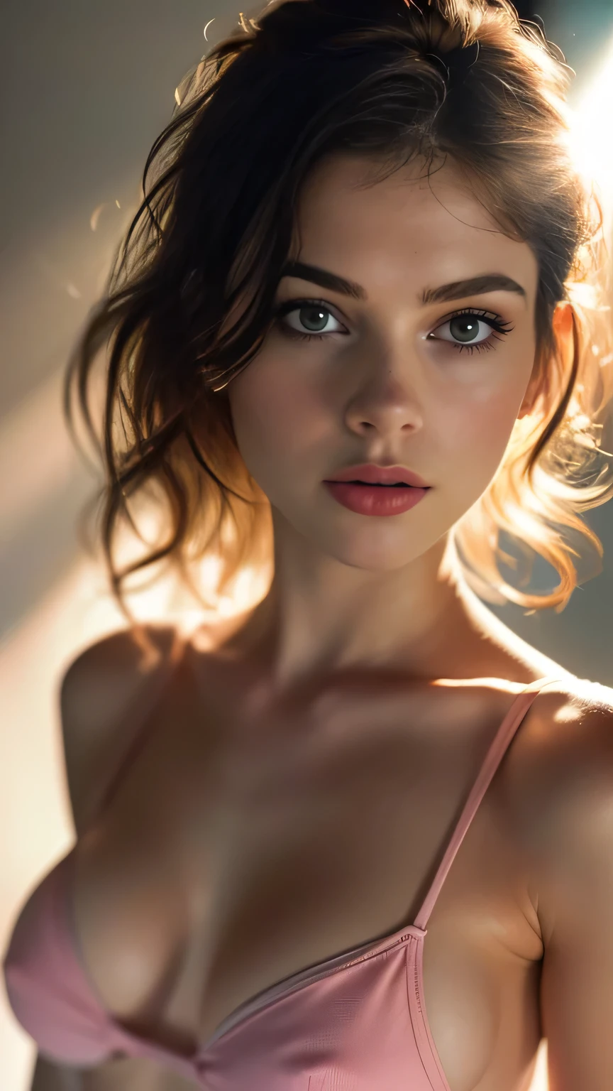 (((ultra realistic))) Photo, masterpiece, top quality, (pale skin), (Ultra detailed face and eyes:1.3), 1 girl, Adult, in a T-shirt, full body, (Eye makeup, mascara) , ((large detailed lips)), ((ash wavy hair)), ((Chyolka)) , (Natural breasts), Slim waist. ((Posing)), photoshoot, studio (soft lighting), (The play of light and shadows), depth of field, bokeh, (special attention to skin detail: 1.2), Detailed leather texture, skin pores. (Airy atmosphere of the frame. Color range - delicate, Bright, white, Pink tones), UDR, ((Film grain)), ((rays)), ((glare of the sun)), ((waist up portrait, close to the camera)) , ultra detialed, pink bikini top, short tennis skirt