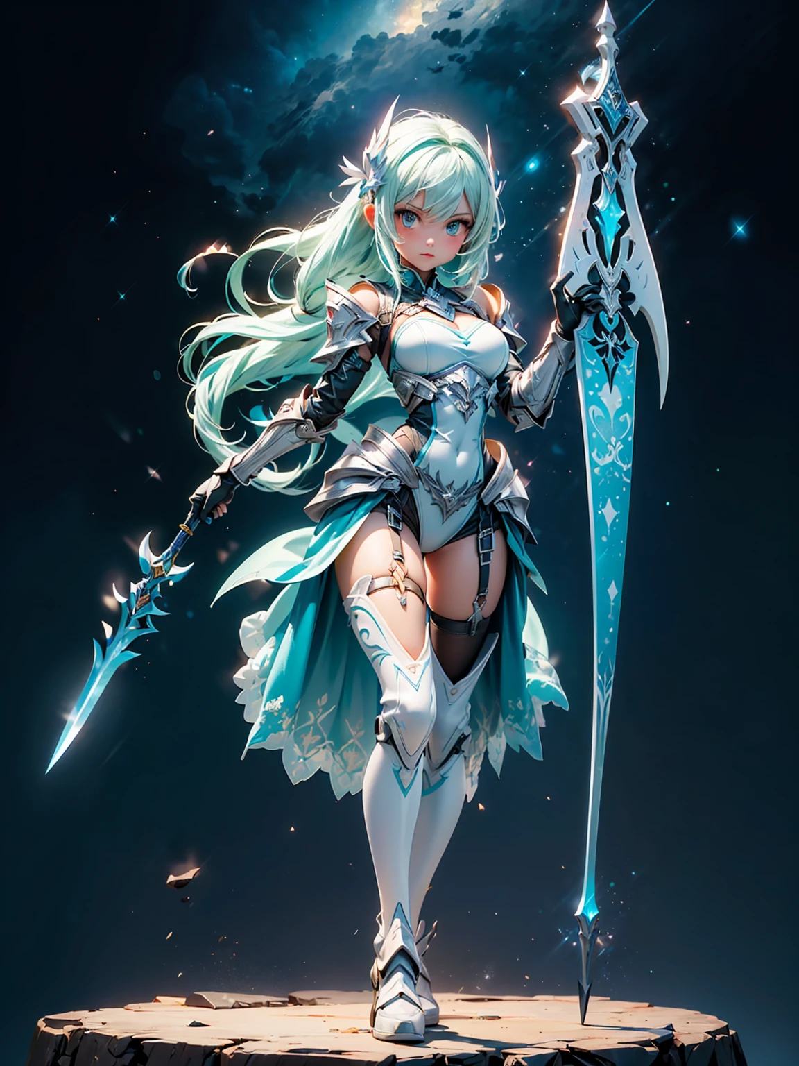 (((masterpiece, best quality, high detailed, 8k))) Design a layout showcase Gaming character, (1girl). Gold+White clothes, stylish and unique. ((showcase weapon:1.4)), celestial bow. (masterpiece:1.2), (best quality), 4k, ultra-detailed. (Step by step design, layout art:1.5), (luminous lighting, atmospheric lighting). celestial archer, ((glove full hands)), (((revealing clothes:1.3))), vambraces, armored legwear, (((full_body_shot:1.4))). {In a starry sky}.