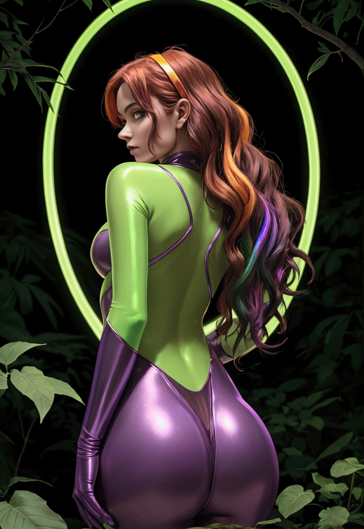 A captivating, otherworldly digital illustration of a female leprechaun with his back turned with a beautiful curvy silhouette pulling away from the camera, displaying a dazzling array of neon colors. The leprechaun's iridescent body is a mesmerizing mix of electric greens, reds, yellows, oranges, and purples, with a mix of muted browns and yellows. Her beautiful almost transparent outfit in a bright purple tone, features very long hair that captivates the viewer's attention,the letters "D.M."  barely noticeable in the image, the background is a textured forest and blurred in dark tones as if it were from an oil painting.