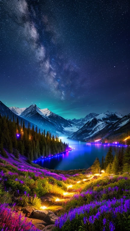 Highest quality, masterpiece, Beautiful wild nature fantasy landscape with glowing lights