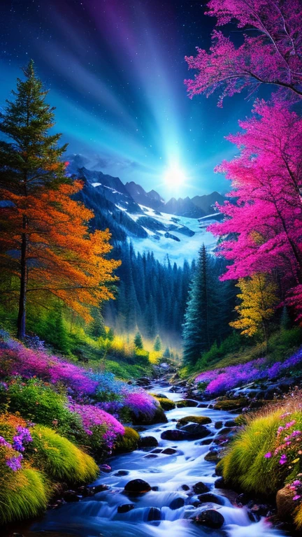 Highest quality, masterpiece, Beautiful wild nature fantasy landscape with glowing lights