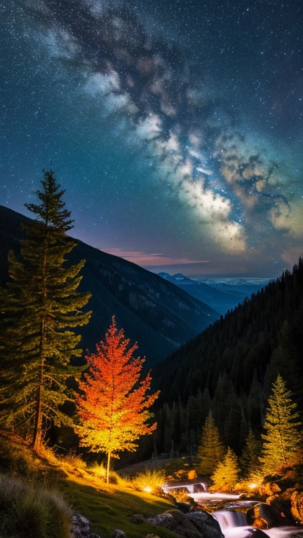 Highest quality, masterpiece, Beautiful wild nature fantasy landscape with glowing lights