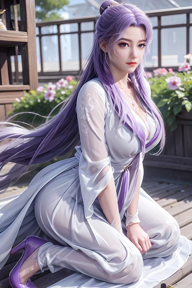 Wearing a gauze skirt，The skirt is full of tulle patterns，Long legs，Large Breasts，With cleavage，full-body shot，Wearing purple high heels，Have muscles。Pull your hair back