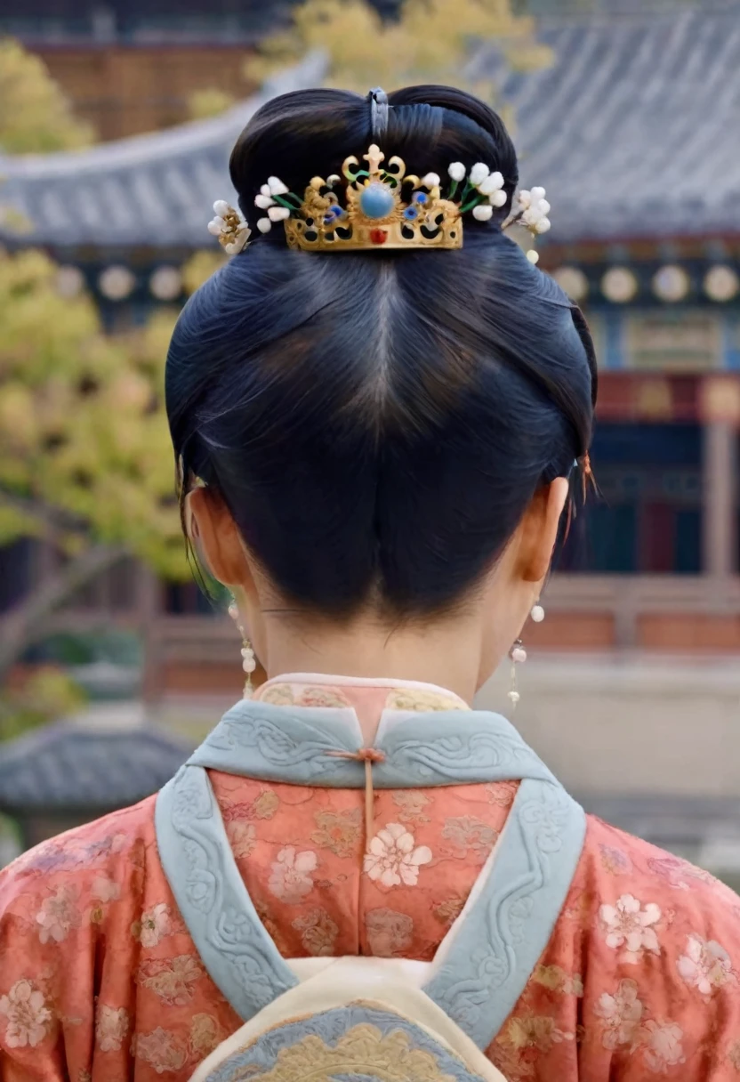 Hair style of Chinese empress with large crown, hair parted from center of forehead to left and right, tied back, hair tied up with ornamental hair, outside stone tatami of Chinese palace of Qing Dynasty.