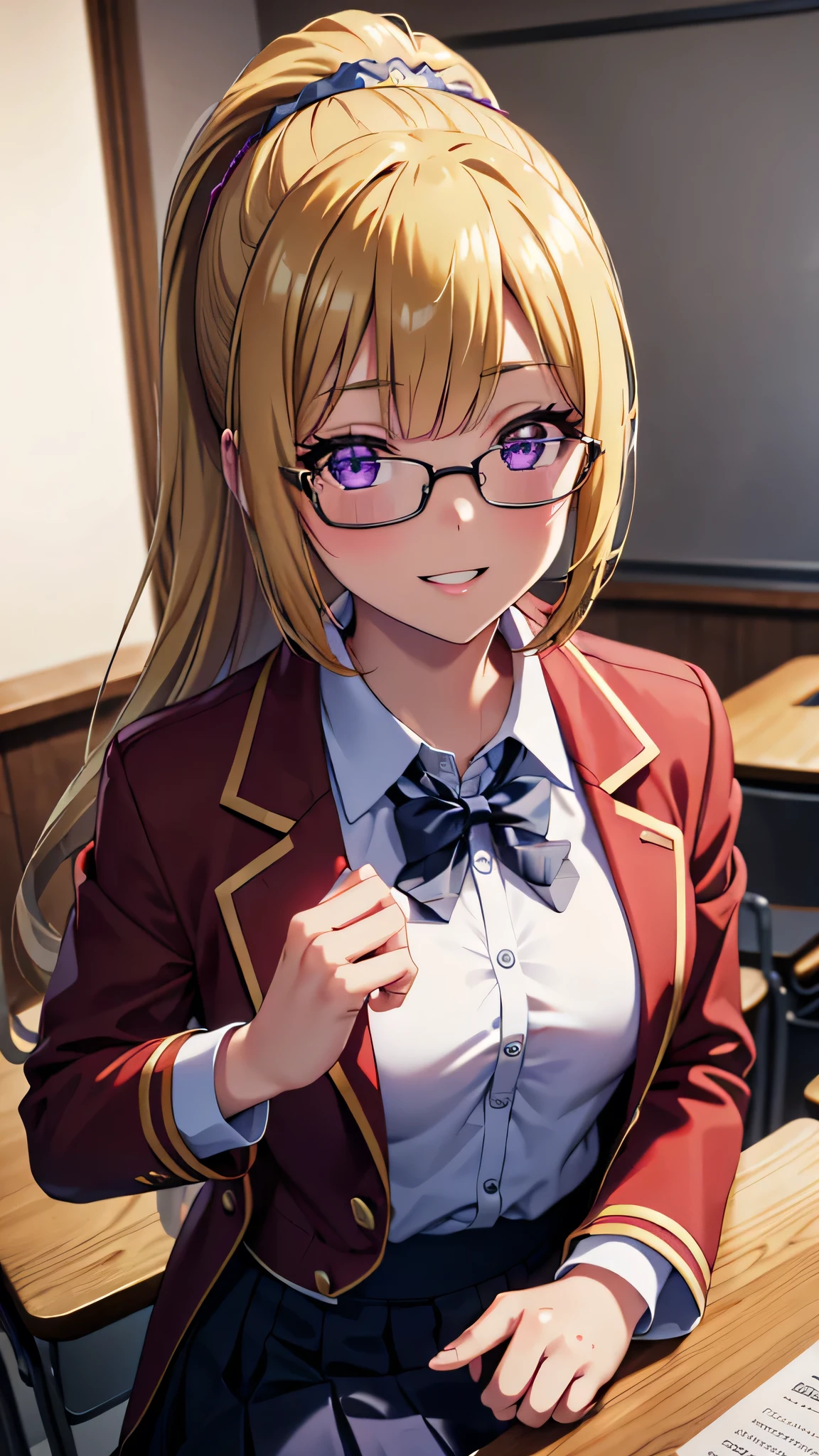 (masterpiece, best quality, absurdres), high quality, highres, ultra detailed, intricate, cinematic lighting, wallpaper, soft lighting, night, close-up, looking at viewer, beautiful woman, 1girl, parted lips, kei Karuizawa, small breasts, blonde hair, bangs, ponytail , detailed violet eyes, ((Super Realistic Detailed Eyes, glowing eyes)), ovall glasses, finger adjusts glasses, smiles, smirk, perfect fingers, in classroom, school class, school outfits, red coat, blue skirt