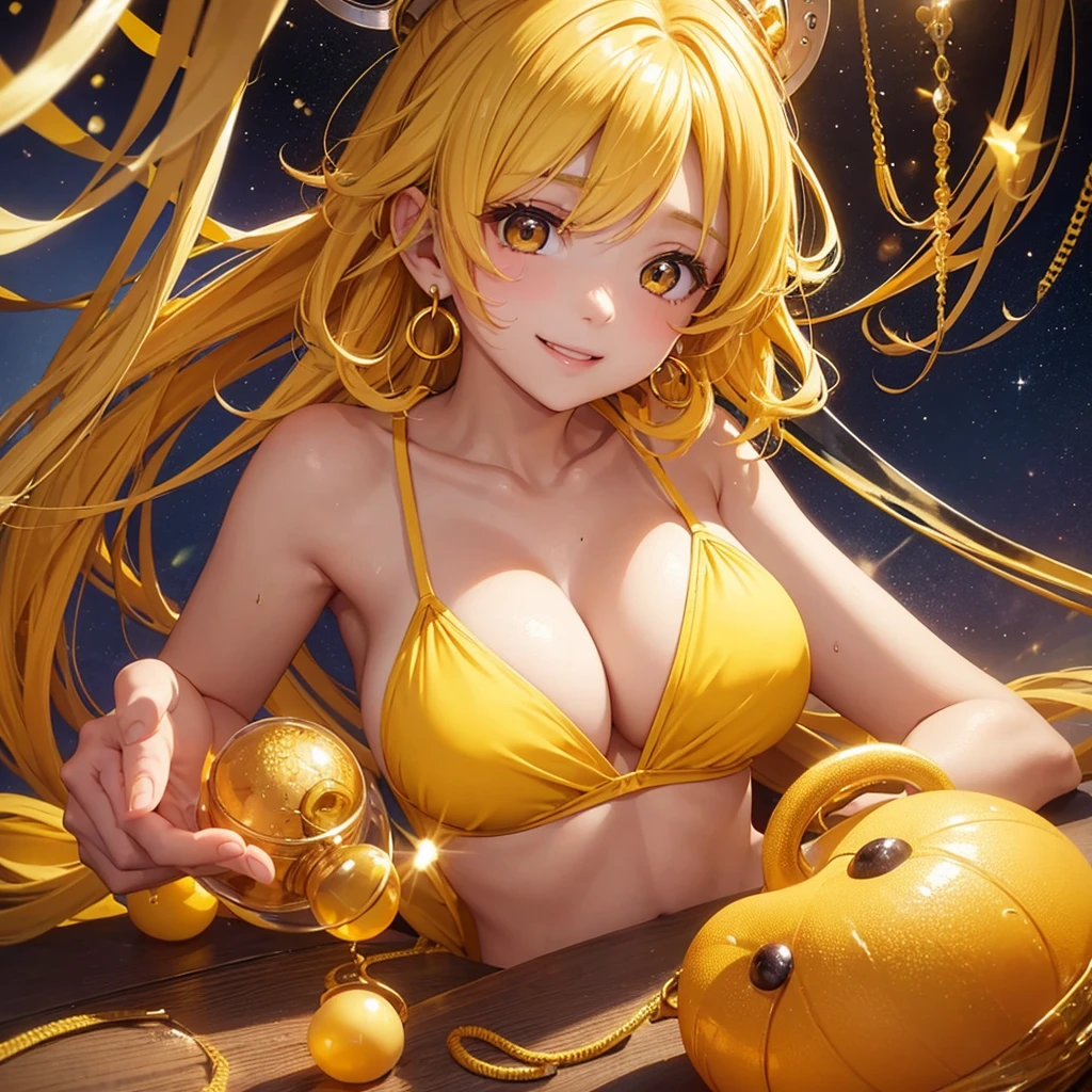 、beautiful girl、smile、Yellow Hair、Big eyeoonlit Night、Close-up of face、Beautiful collarbone、Close-up of face、Cleavage、Yellow Earrings、Curly Hair、Yellow Bikini