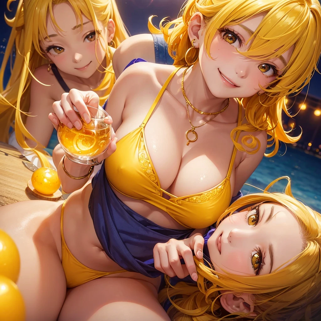 、beautiful girl、smile、Yellow Hair、Big eyeoonlit Night、Close-up of face、Beautiful collarbone、Close-up of face、Cleavage、Yellow Earrings、Curly Hair、Yellow Bikini