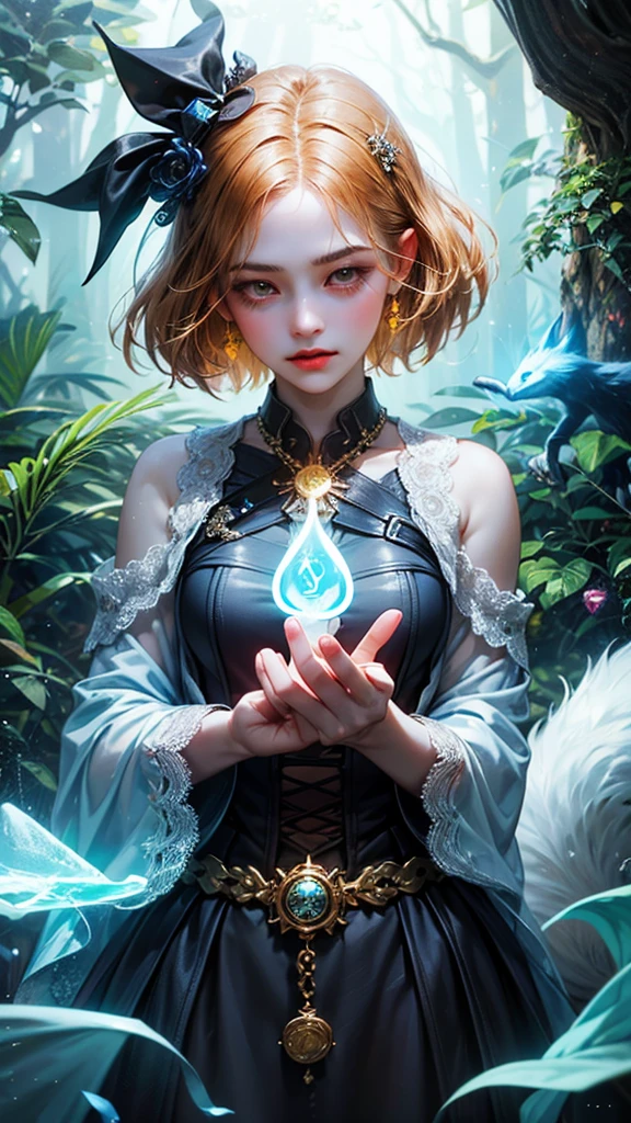Girl and animals Energy in animals Glowing neon Chemiluminescence Helping In the forest Mystical Magic A girl who can use magic touches a fallen animal and saves it.