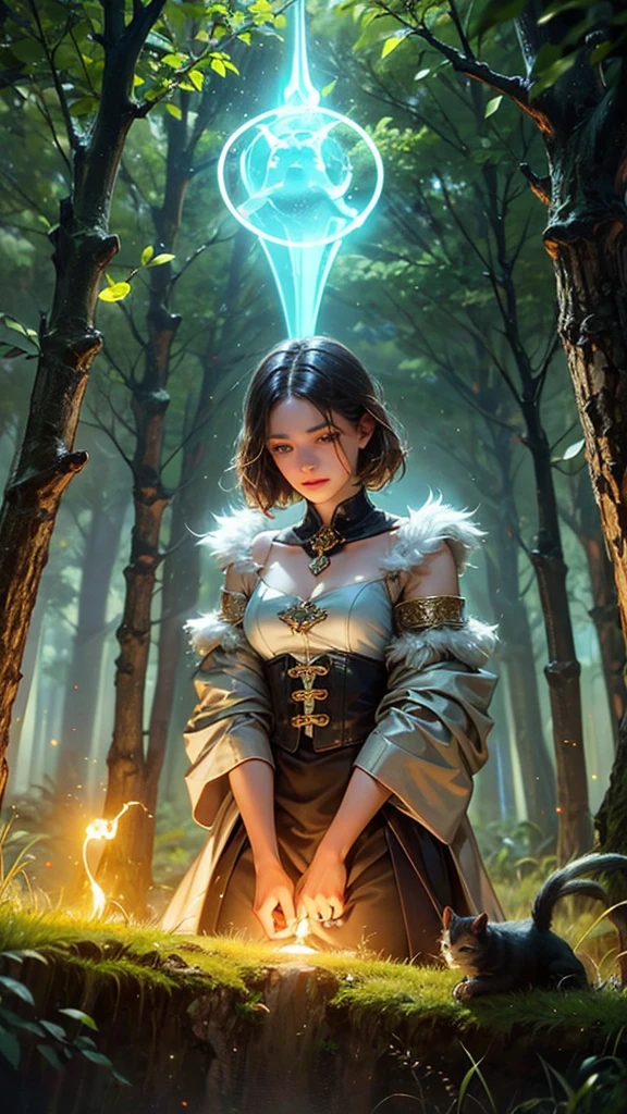 Girl and animals Energy in animals Glowing neon Chemiluminescence Helping In the forest Mystical Magic A girl who can use magic touches a fallen animal and saves it.