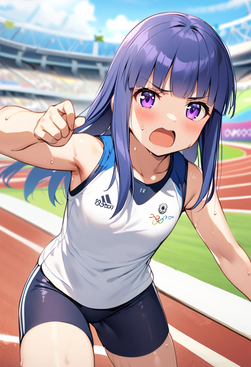 girl, alone, (Full Autorica), Blue Hair, Purple eyes, Long Hair, blunt bangs, bangs, 11 years old, Olympic, Female athletes competing, Powerful Movement, Stadium, Concentrated expression, Sweaty skin, Specialized sports gear, Slow motion