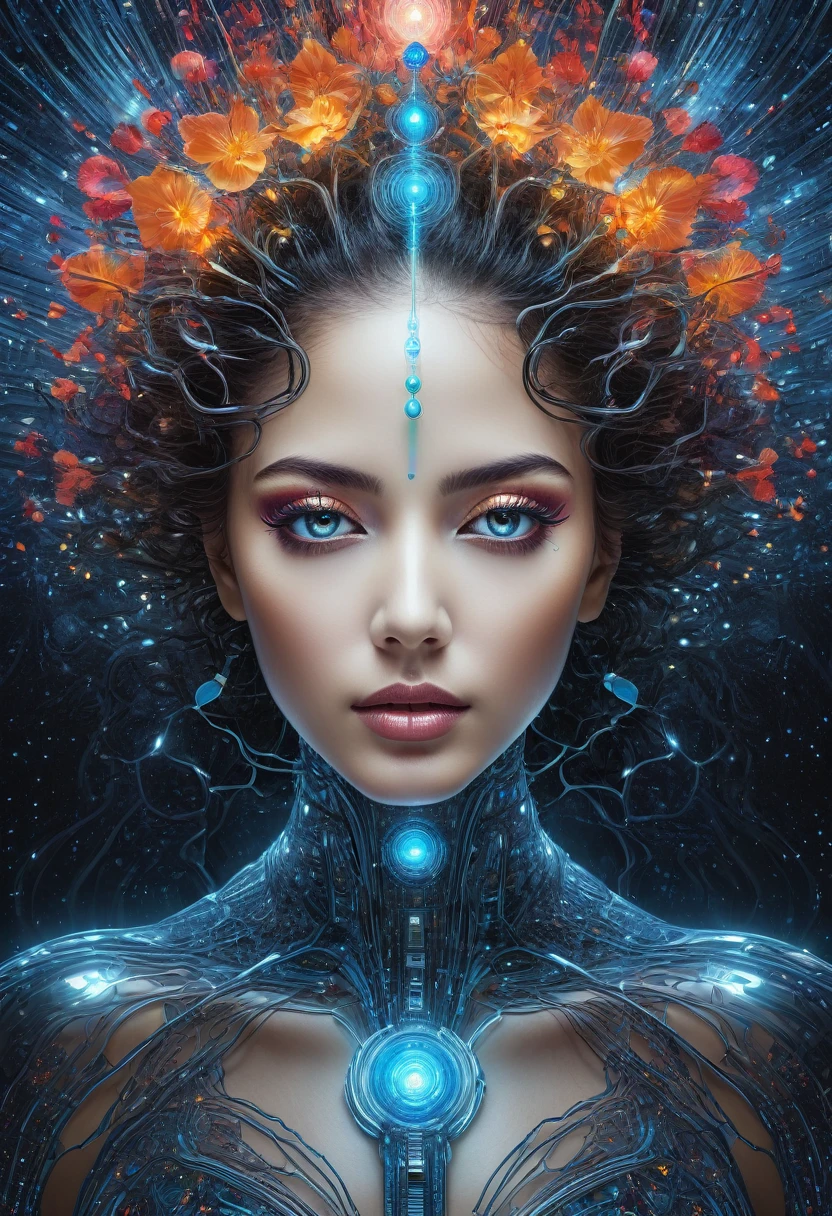 ai inner data mind process workings relation to love 8k, glass, A glass-like alien floral monument bioluminescence , humanoid structure entangled in a star light back ground, is displayed in out realms, starry background, its intricate details and vibrant colors radiating from the pedestal’s futuristic light, reds orange and blues, gravity waves, fractals, quantum entanglement, string theory, ultra bright lights, massive distortion, strobing colored lights, Diving Into The Ether Flowing with The Eternal Soul Through Vibration of love, everything is connected, Flowing energy, Spiritual, divine, dreamlike, cosmic, concept art, mind blowing, feminine beauty, god, pineal gland, dreamlike art, (best quality,8K,highres,masterpiece), ultra-detailed, (surreal portrait of flawless Android beauty), a flawless Android beauty portrayed in a surreal portrait style using hand-tinted acrylics. The portrait showcases a hyper-detailed face with flawless black shiny eyes, exuding an otherworldly allure. The Android's long, messy "hair" consists of intricate circuitry patterns, adding to the surreal and futuristic aesthetic. Rendered in the style of Gabriel Pacheco, the portrait is a stunning masterpiece with perfect composition and beautiful hyper-detailing. Feel free to add your own creative touches to enhance the surreal beauty and artistic impact of this captivating portrait.,breasts,real_booster,real-gurl