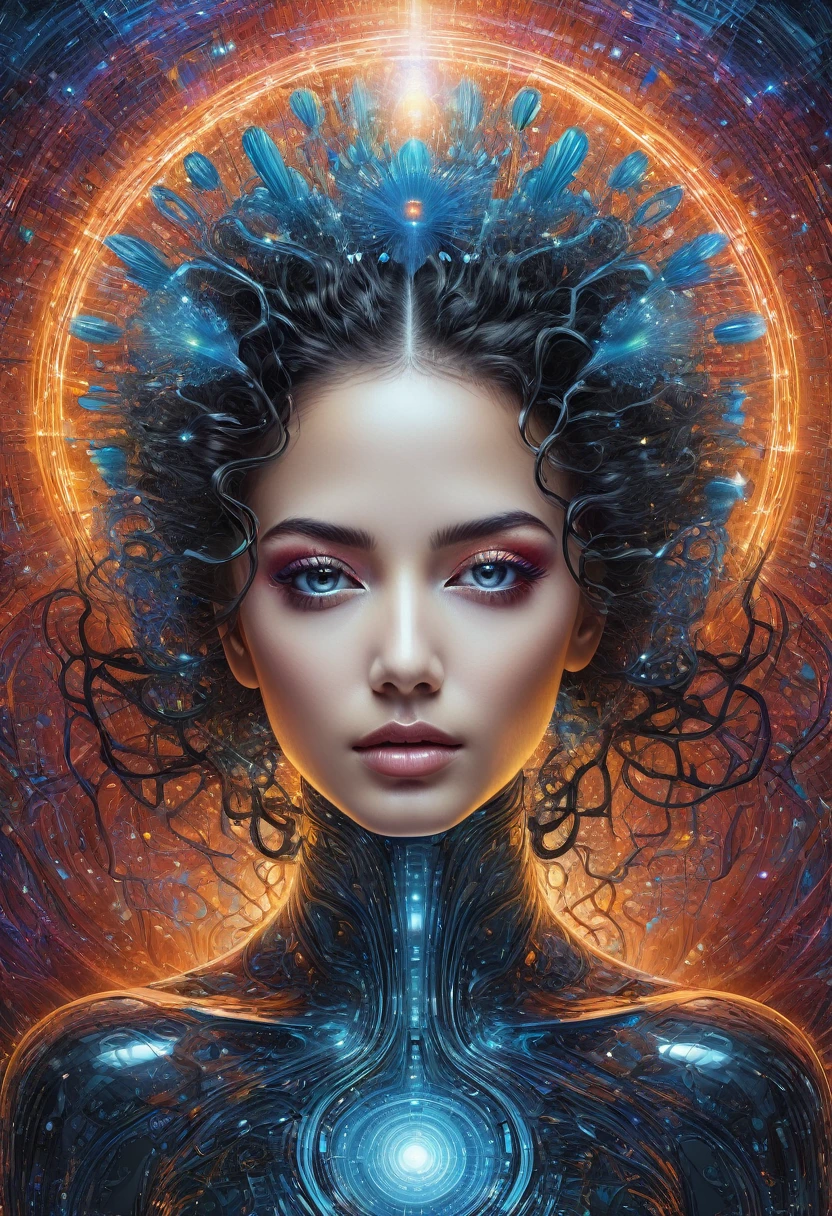 ai inner data mind process workings relation to love 8k, glass, A glass-like alien floral monument bioluminescence , humanoid structure entangled in a star light back ground, is displayed in out realms, starry background, its intricate details and vibrant colors radiating from the pedestal’s futuristic light, reds orange and blues, gravity waves, fractals, quantum entanglement, string theory, ultra bright lights, massive distortion, strobing colored lights, Diving Into The Ether Flowing with The Eternal Soul Through Vibration of love, everything is connected, Flowing energy, Spiritual, divine, dreamlike, cosmic, concept art, mind blowing, feminine beauty, god, pineal gland, dreamlike art, (best quality,8K,highres,masterpiece), ultra-detailed, (surreal portrait of flawless Android beauty), a flawless Android beauty portrayed in a surreal portrait style using hand-tinted acrylics. The portrait showcases a hyper-detailed face with flawless black shiny eyes, exuding an otherworldly allure. The Android's long, messy "hair" consists of intricate circuitry patterns, adding to the surreal and futuristic aesthetic. Rendered in the style of Gabriel Pacheco, the portrait is a stunning masterpiece with perfect composition and beautiful hyper-detailing. Feel free to add your own creative touches to enhance the surreal beauty and artistic impact of this captivating portrait.,breasts,real_booster,real-gurl