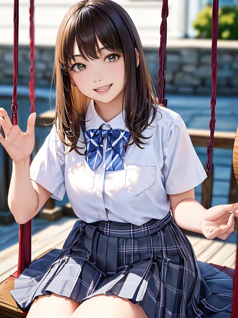 (masterpiece:1.2, top-quality), (realistic, photorealistic:1.4), beautiful illustration, (natural side lighting, movie lighting), nsfw, 
looking at viewer, cowboy shot, front view:0.6, 1 girl, japanese, high school girl, perfect face, cute and symmetrical face, shiny skin, 
(long hair:1.5, side ponytail:1.4, brown hair), hair over one eye, maroon eyes, long eye lasher, (large breasts:0.6, thick thighs), 
beautiful hair, beautiful face, beautiful detailed eyes, beautiful clavicle, beautiful body, beautiful chest, beautiful thigh, beautiful legs, beautiful fingers, 
((collared short sleeve shirt, white shirt, school uniform, grey plaid pleated skirt, blue plaid bow tie)), white panties, 
(beautiful scenery), school, (squatting, lift up skirt, grab the hem of the skirt, hands on chest, hand between legs), (lovely smile, upper eyes), 