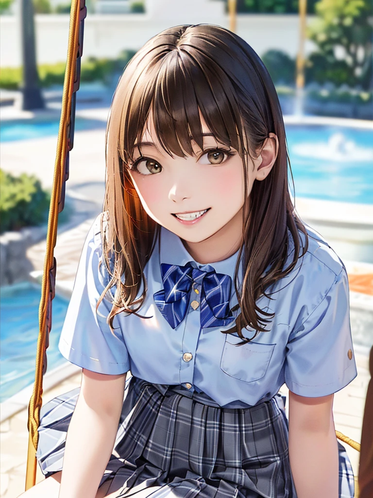 (Highest quality、8k、32K、masterpiece)、(Realistic)、(Realistic:1.2)、(High resolution)、Very detailed、Very beautiful face and eyes、(((Women's Solo Shot)))、Tight waist、(Highest quality、Attention to detail、Rich skin detail)、(Highest quality、8k、Oil paints:1.2)、(Realistic、Realistic:1.37)、Bright colors、(((Cowboy Shot)))、(((Bob Hair)))、(((Medium Hair)))、(((He has a happy face.)))、((smile))、(((Brown Hair)))、((Collared short-sleeved shirt, White shirt, , Grey plaid pleated skirt, Blue checked bow tie), )、(((daytime parking)))、(((Wave your right hand)))、(((There is a fountain)))、(((Sitting on a swing)))、(((Teeth are visible)))