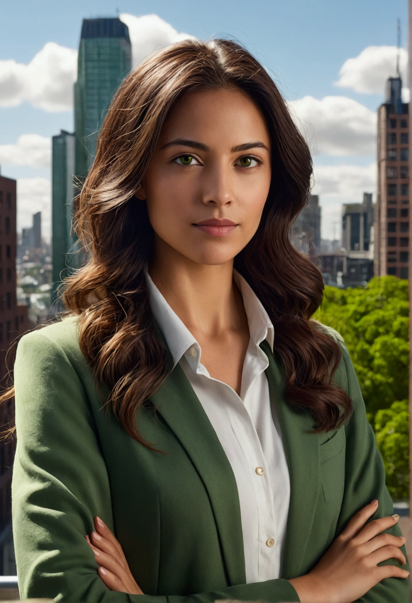 Create a 4K, highly detailed, and beautifully rendered image of a female urban environmental engineer, standing confidently in a bustling cityscape. She has long, wavy dark brown hair and hazel eyes, wearing practical yet stylish eco-friendly clothing in green tones. The background features a mix of modern buildings and lush green spaces, showcasing sustainable urban solutions such as rooftop gardens and solar panels. The image should capture her determination and compassion, with a warm, optimistic atmosphere, using vibrant and harmonious colors."