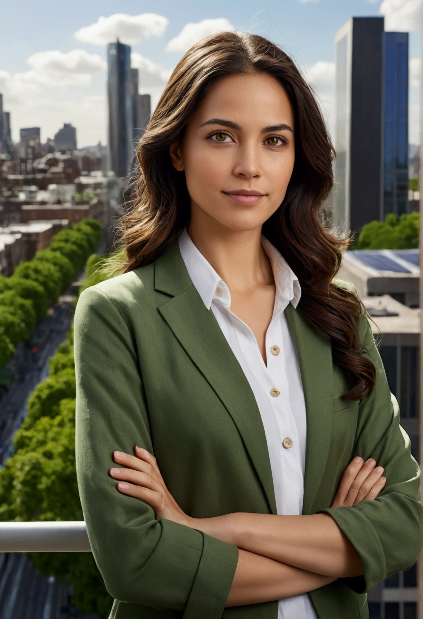 Create a 4K, highly detailed, and beautifully rendered image of a female urban environmental engineer, standing confidently in a bustling cityscape. She has long, wavy dark brown hair and hazel eyes, wearing practical yet stylish eco-friendly clothing in green tones. The background features a mix of modern buildings and lush green spaces, showcasing sustainable urban solutions such as rooftop gardens and solar panels. The image should capture her determination and compassion, with a warm, optimistic atmosphere, using vibrant and harmonious colors."