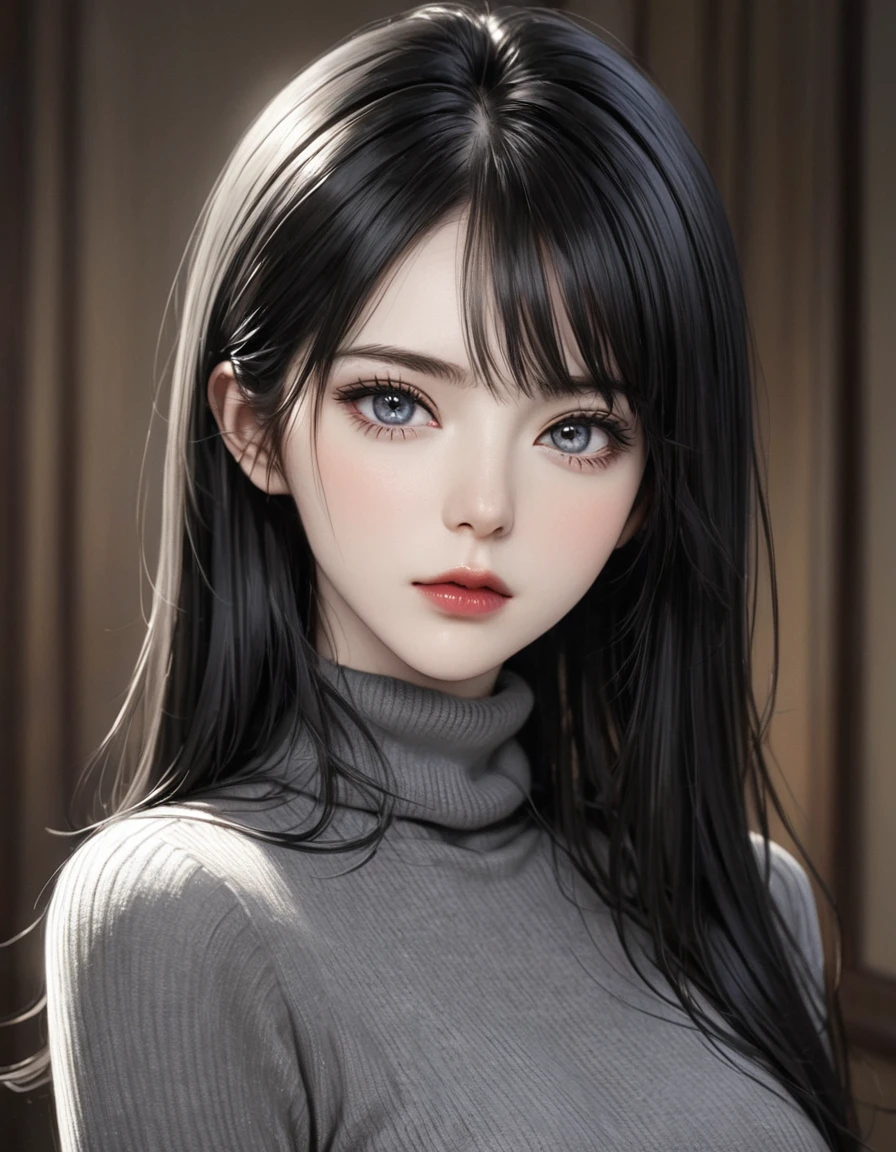 (best quality), 1girl, female, pale skin, (black hair), long hair, straight hair, grey eyes, perfect eyes, slender, tall, turtleneck sweater, stylish, elegant, serious, normal bust, masterpiece, anatomically correct, highres