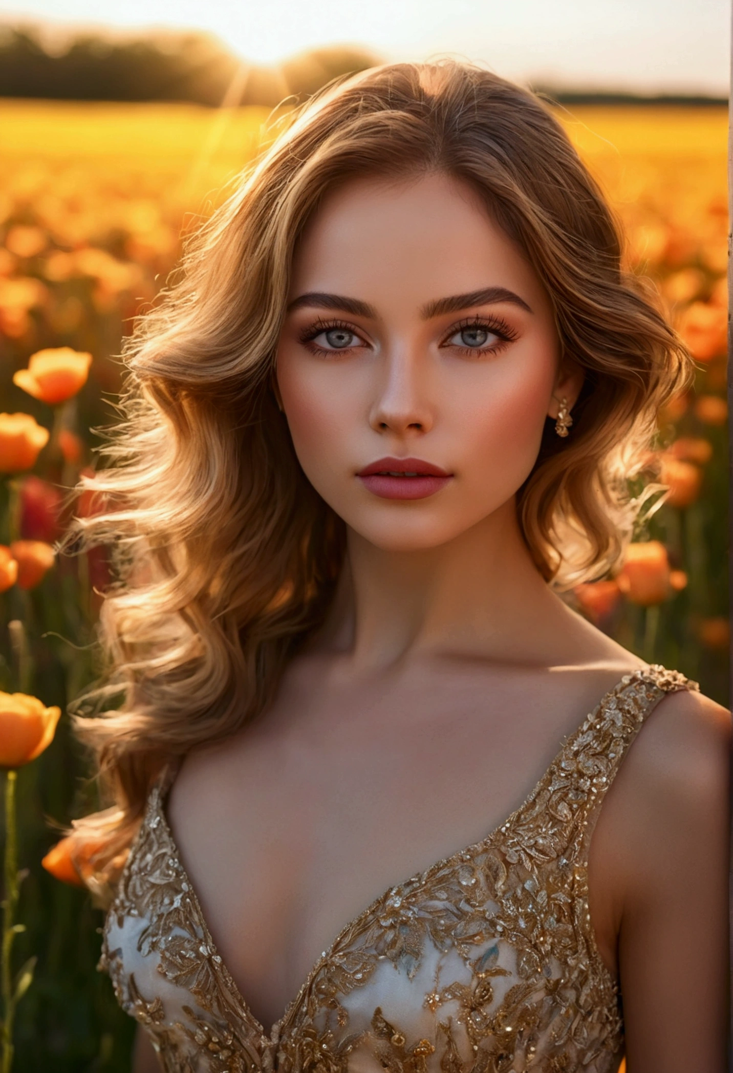 a woman in a field of flowers, beautiful detailed eyes, beautiful detailed lips, extremely detailed face and skin, long eyelashes, elegant pose, flowing dress, sunlight, golden hour, vivid colors, cinematic lighting, serene, photorealistic, 8k, best quality, masterpiece