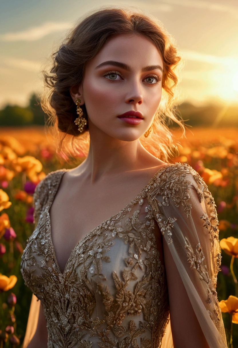 a woman in a field of flowers, beautiful detailed eyes, beautiful detailed lips, extremely detailed face and skin, long eyelashes, elegant pose, flowing dress, sunlight, golden hour, vivid colors, cinematic lighting, serene, photorealistic, 8k, best quality, masterpiece