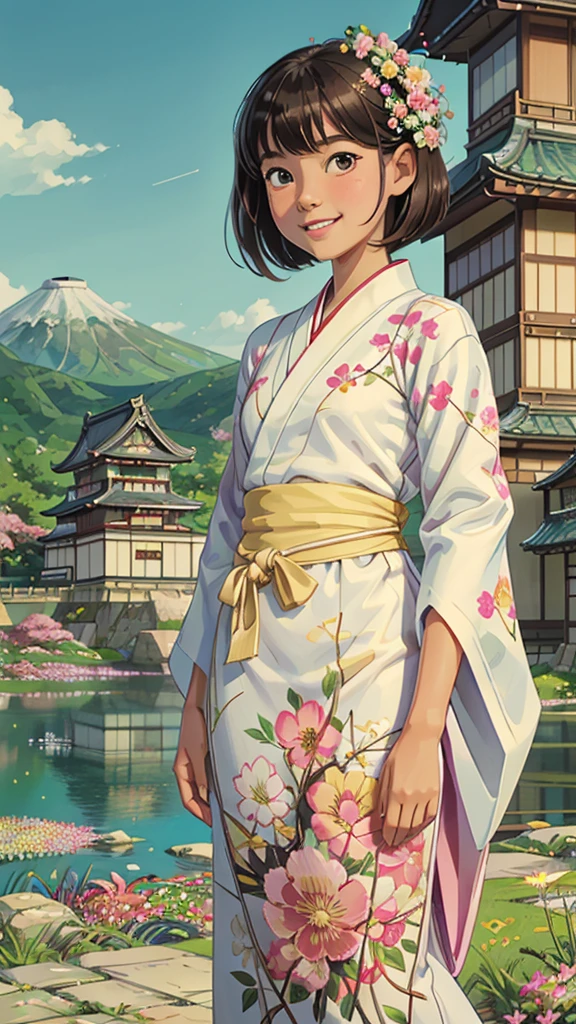 best quality,masterpiece,1girl,solo,(((9years old))),japanese girl,an extremely cute and beautiful girl,highly detailed beautiful face and eyes,petit,cute face,lovely face,baby face,shy smile,show teeth,black hair,medium short hair,flat chest,skinny,slender,(((wearing a white floral hanfu))),(((standing in a Japanese castle))),she is looking at the viewer,
