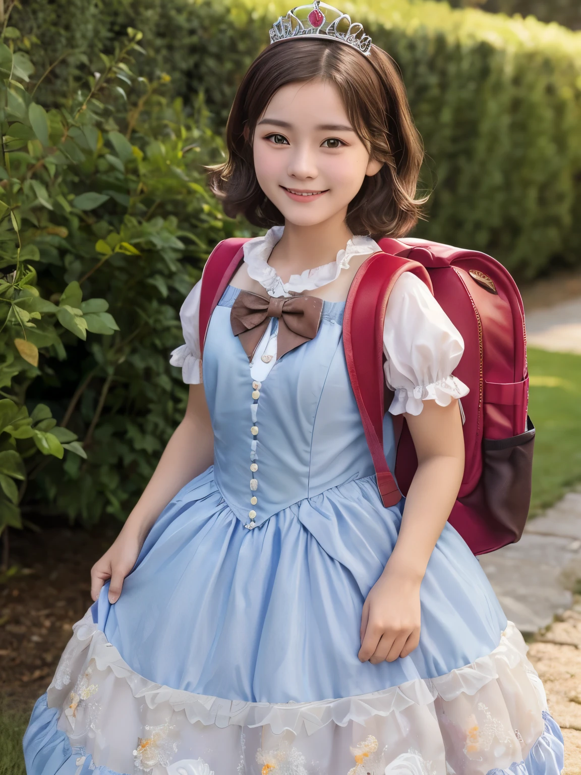 masterpiece, best quality, highres, 1girl, 19 years old, solo, brown hair, short hair, brown eyes, mole under eye, cowboy shot,, princess dress, princess Costume,bowtie, smile (princess:1.2), frilled dress, tiara, castle, outdoor, garden, wearing randoseru backpack, (randoseru backpack:1.2)
