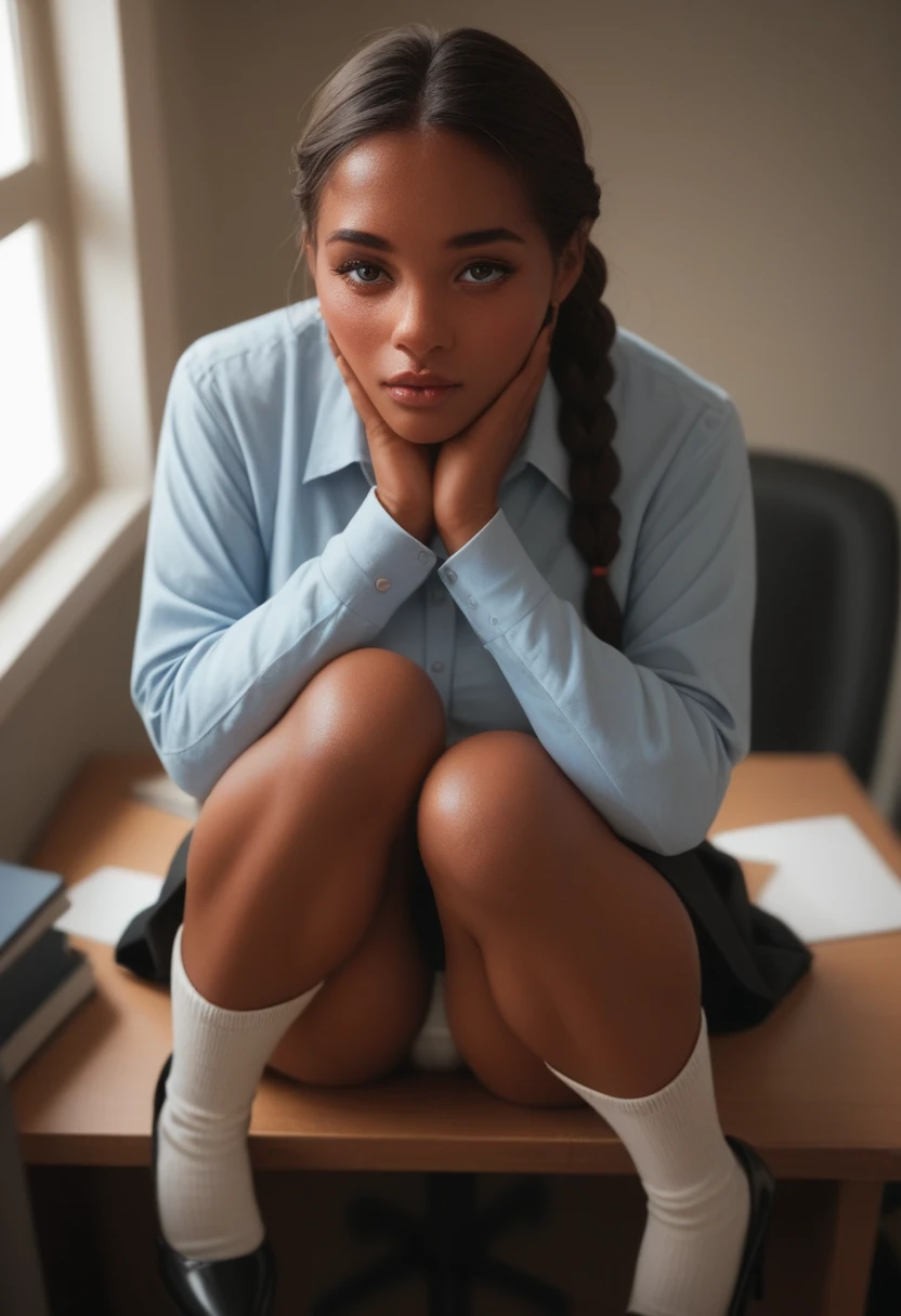 from above, beautiful woman, (tanned skin), Pacific Islanders, sit on a desk, Hands between her legs, Small white panties, hearts, Office clothes, long sleeve, (Rock), (knee socks), heels, Decollete, big , braided hair, blush, Office, setting sun, big windows, Attic, hyper realism, depth of field, cinematic lighting, uhd, ​masterpiece, High details, good quality, highres, 16K, sexy Pose, Seductive pose