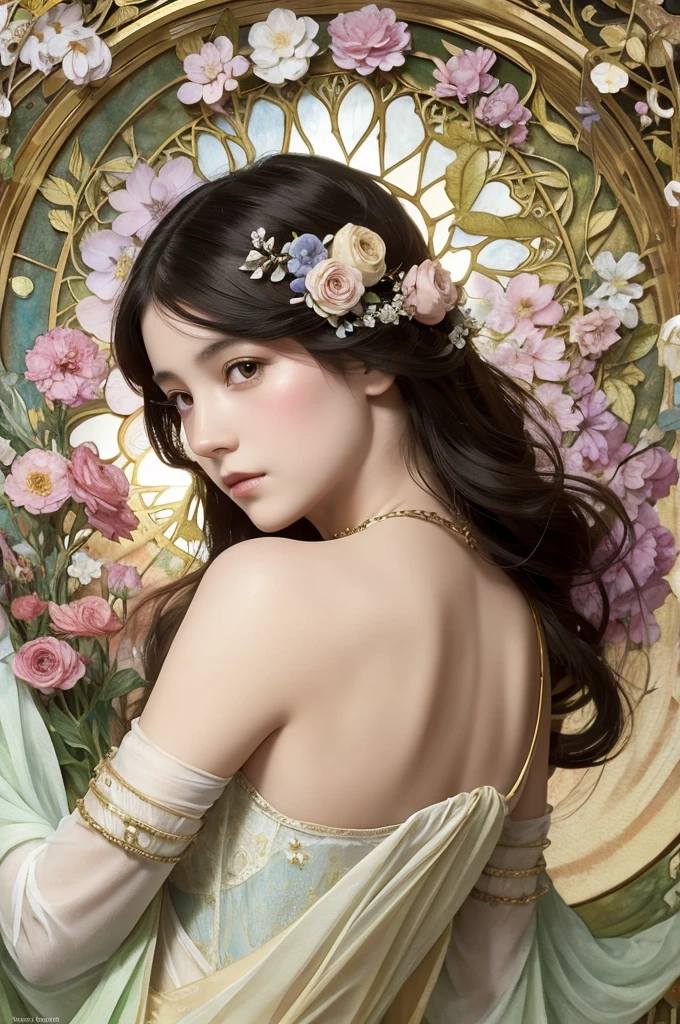 Depicts a beautiful woman with flowers in her hair、Highly detailed watercolor painting, The style of Alfons Maria Mucha and Gustav Kirmut, Art Nouveau accents, Fairy Princess, Anthropomorphic woman, Female figure, Detailed cover artwork, As the Flower Goddess, Alphonse Mucha, Gustav Klimt, Pale skin, Marble sculpture, society, Gothic art, Art Nouveau, Behance Contest Winner, black hair, Asian