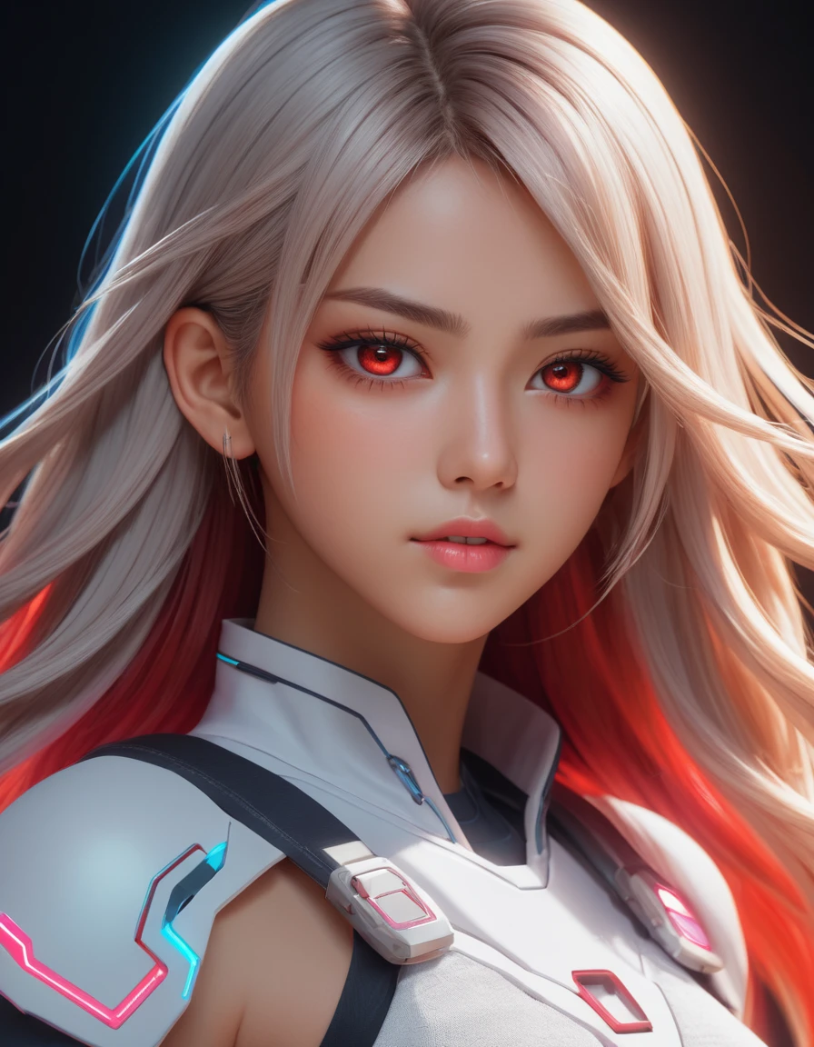 (masterpiece:1.1), (highest quality:1.1), (HDR:1.0), extreme quality, cg, (anime wallpaper), stylized, detailed face+eyes, (colorful), (powerful colors:1.4), photo of a girl, (tan skin), fashionable, light dust, varied depth of field, medium hair, long hair, white hair, masterpiece, 8k, tone mapping, hyper focus, red, glowing eyes, (upper body:0.8), natural body, limited palette, (detailed hair:1.13), (cyber aesthetic:1.3), (epic anime drawing:0.7), (white outlines), (creative background), (creative), hard lighting, solo, clarity, (by Giovanni Battista Caccioli:1.6), (accomplished:0.8)
, detailed, realistic, 8k uhd, high quality