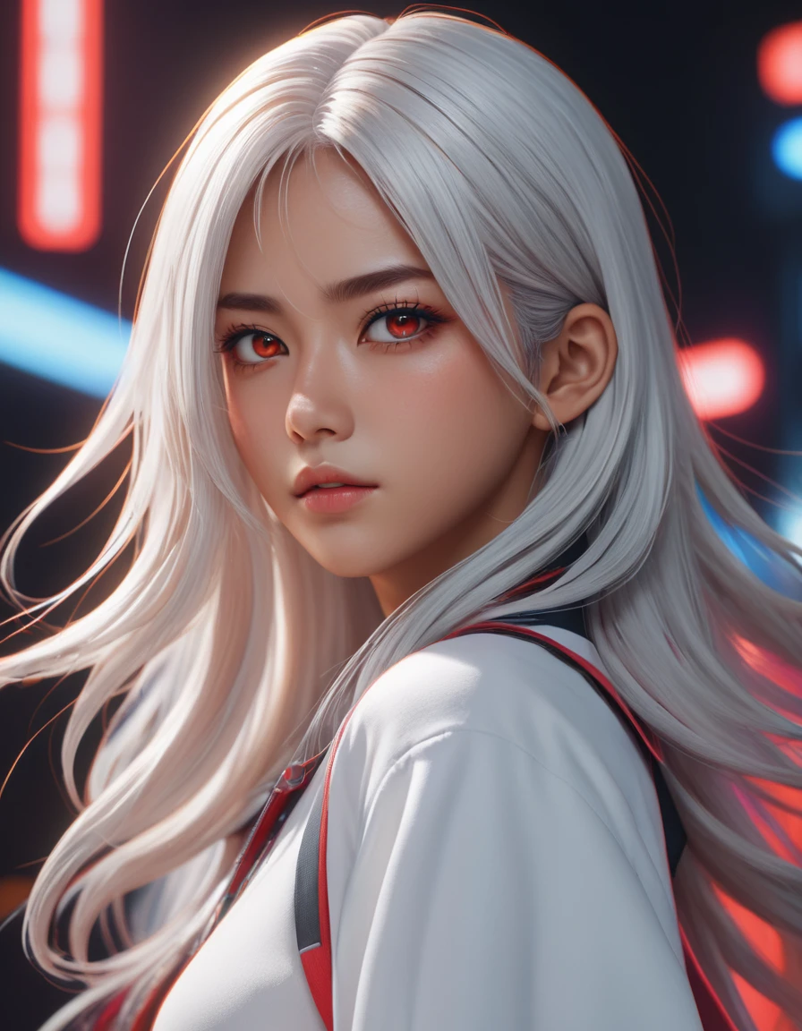 (masterpiece:1.1), (highest quality:1.1), (HDR:1.0), extreme quality, cg, (anime wallpaper), stylized, detailed face+eyes, (colorful), (powerful colors:1.4), photo of a girl, (tan skin), fashionable, light dust, varied depth of field, medium hair, long hair, white hair, masterpiece, 8k, tone mapping, hyper focus, red, glowing eyes, (upper body:0.8), natural body, limited palette, (detailed hair:1.13), (cyber aesthetic:1.3), (epic anime drawing:0.7), (white outlines), (creative background), (creative), hard lighting, solo, clarity, (by Giovanni Battista Caccioli:1.6), (accomplished:0.8)
, detailed, realistic, 8k uhd, high quality
