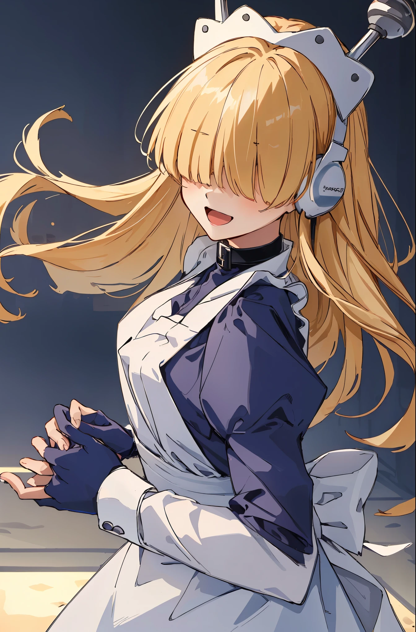 1girl, solo, headphones,((hair over eyes)),choker, blonde hair, long hair, maid, apron,long sleeves, maid headdress, white pantyhose, robot ears, dress, bangs, blunt bangs,smile,open mouth,masterpiece,Noise Reduction,perfect anatomy,high resolution, ultra-detailed,game cg,dutch angle ,beautiful detailed eyes,visualart,five fingers, perfect hands, perfect lighting,