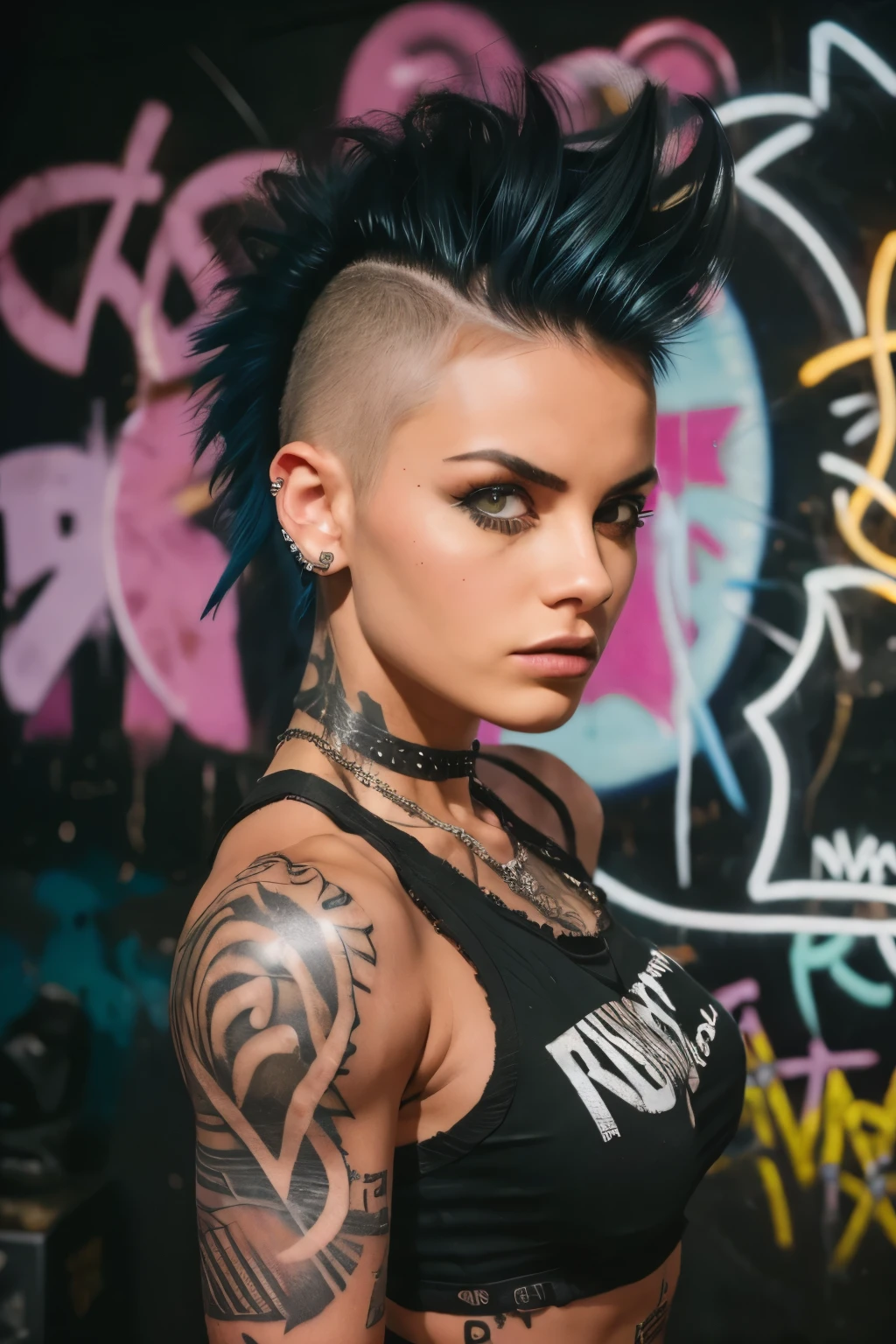 Photorealistic, ultra-detailed, ((side viewer )), ((Rocker punk girl, spiky mohawk hair)) girl, (((hot Bod, Brazilian Girl, ABS, tattoo))), t-shirt nipples, t-shirt Written "666".portrait photo, grunge, Solo, dimly lit room, edgy urban scene with graffiti, dark and moody, late evening, city lights flashing, neon lighting The essence of rock and roll, Spike hair, 18 years old, assertive, confident expression, showcasing multiple piercings, blurry background, analogue style, grunge texture, Best contrast, industrial, Instagram LUT, Professional, 4k, electrifying gaze, shot on Nikon, 50mm, shallow depth of field,  ((Abandoned Graffiti Wall Background, cinematic lighting )).