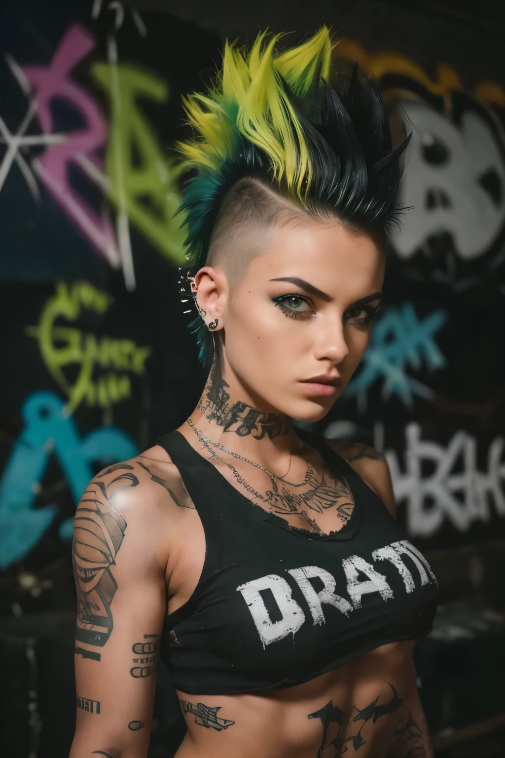 Photorealistic, ultra-detailed, ((side viewer )), ((Rocker punk girl, spiky mohawk hair)) girl, (((hot Bod, Brazilian Girl, ABS, tattoo))), t-shirt nipples, t-shirt Written "666".portrait photo, grunge, Solo, dimly lit room, edgy urban scene with graffiti, dark and moody, late evening, city lights flashing, neon lighting The essence of rock and roll, Spike hair, 18 years old, assertive, confident expression, showcasing multiple piercings, blurry background, analogue style, grunge texture, Best contrast, industrial, Instagram LUT, Professional, 4k, electrifying gaze, shot on Nikon, 50mm, shallow depth of field,  ((Abandoned Graffiti Wall Background, cinematic lighting )).