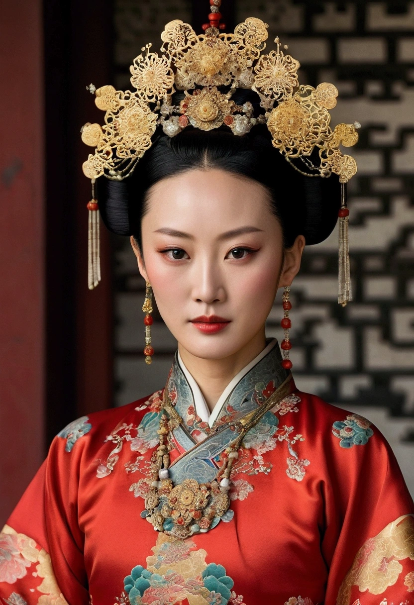 Hair style of Chinese empress with large crown, hair parted from center of forehead to left and right, tied back, hair tied up with ornamental hair, outside stone tatami of Chinese palace of Qing Dynasty.