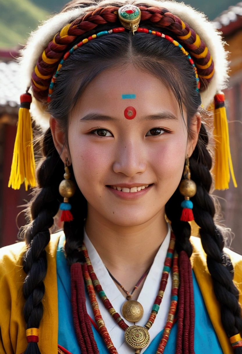 a girl, Long braids, Tibetan girl, close up, head slightly raised, ssmile, bust photo, trunk, Yang transcendence appearance, cute tibetan costume, heavy Tibetan necklace, heavy Tibetan headdress, fuzz on clothes, gripe animal branca, real person CG, sweet style, movie style, HD 4k