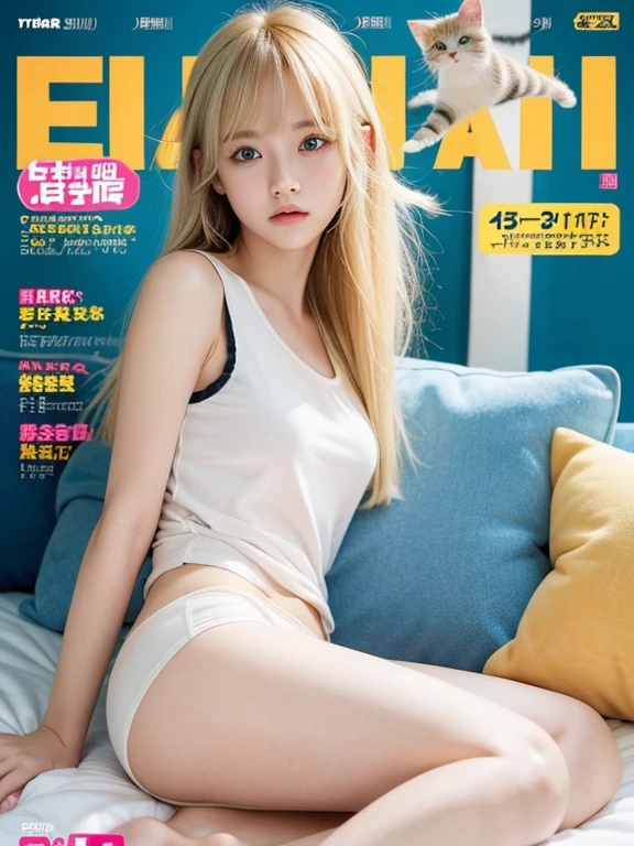 17 year old girl, blonde hair, longhair with bangs, ear cat, wearing tanktop, cute, at cover magazine, tail cat, angry cute, sleeping cover