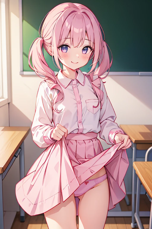 Girl with pink hair、Long twin tails、In uniform、classroom、Skirt Lift、Pink panties are visible、blush、smile