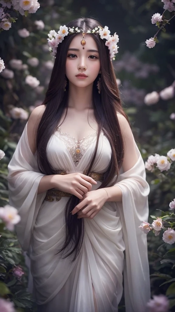 Beautiful goddess with long hair,Mysterious atmosphere,Spiritual atmosphere,Please add lots of beautiful flowers,Up from the upper body,Gaze forward,It feels like you can use special abilities