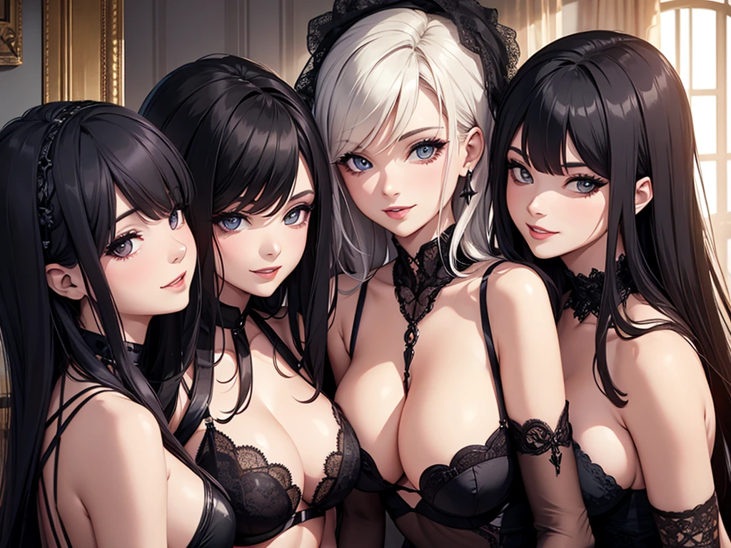 four sexy women in goth lingerie, flirtatious smiles, on bed, various hair, portrait